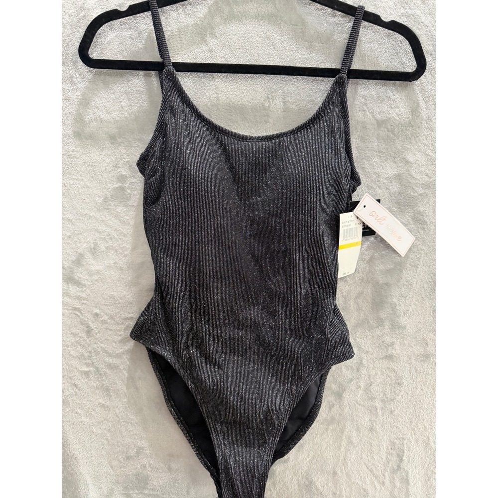 NWT Salt + Cove One Piece Swimsuit Womens Black Metallic Ribbed M $40